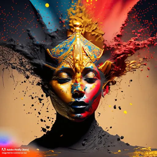 Firefly_picture+of colorful mud explosions and paint splashes and splitters but as nefertiti, black red and gold_art,dramatic_light_72922